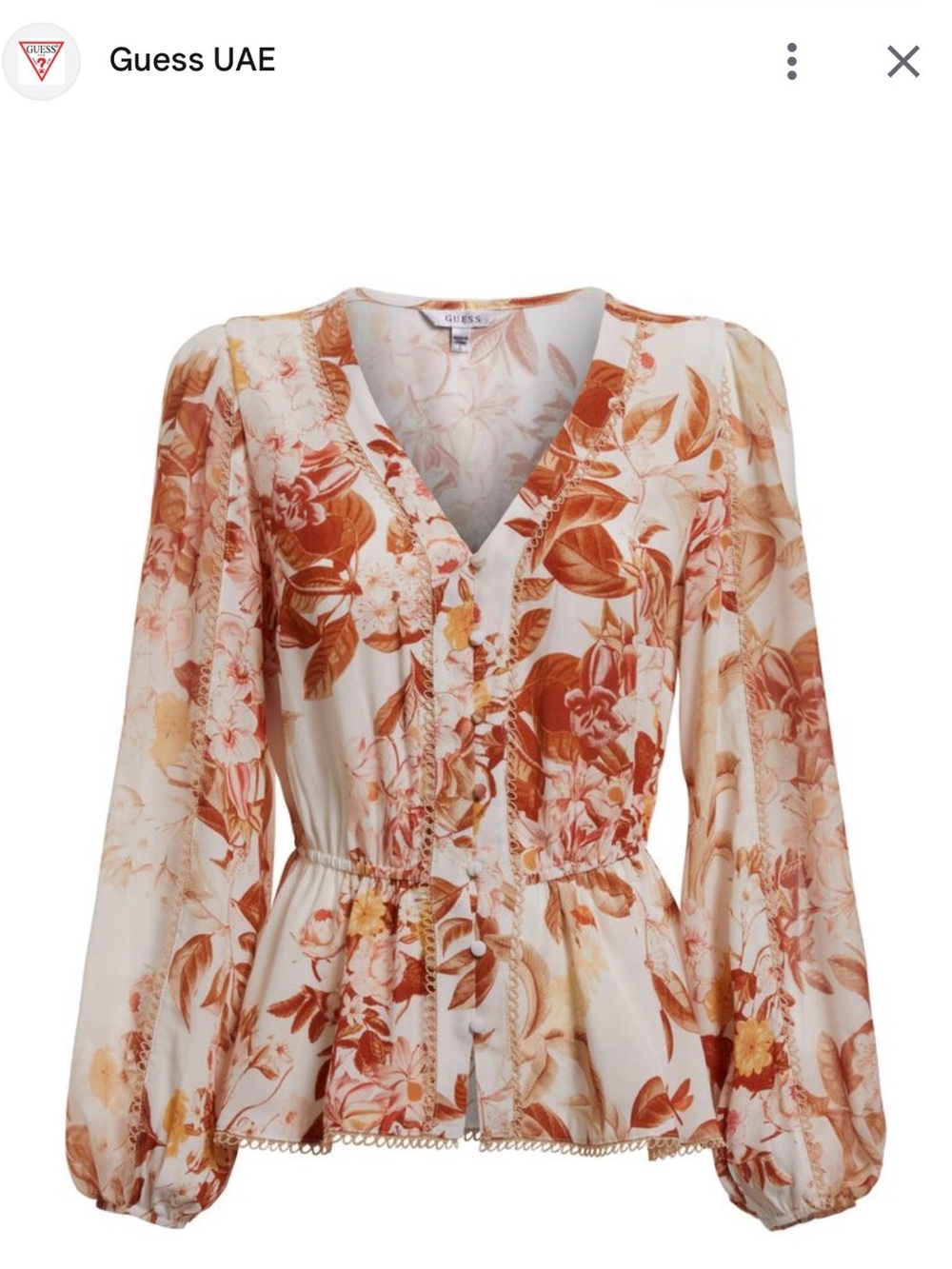 Guess Cream Floral Long Sleeve Peplum Blouse with Rust Accents
